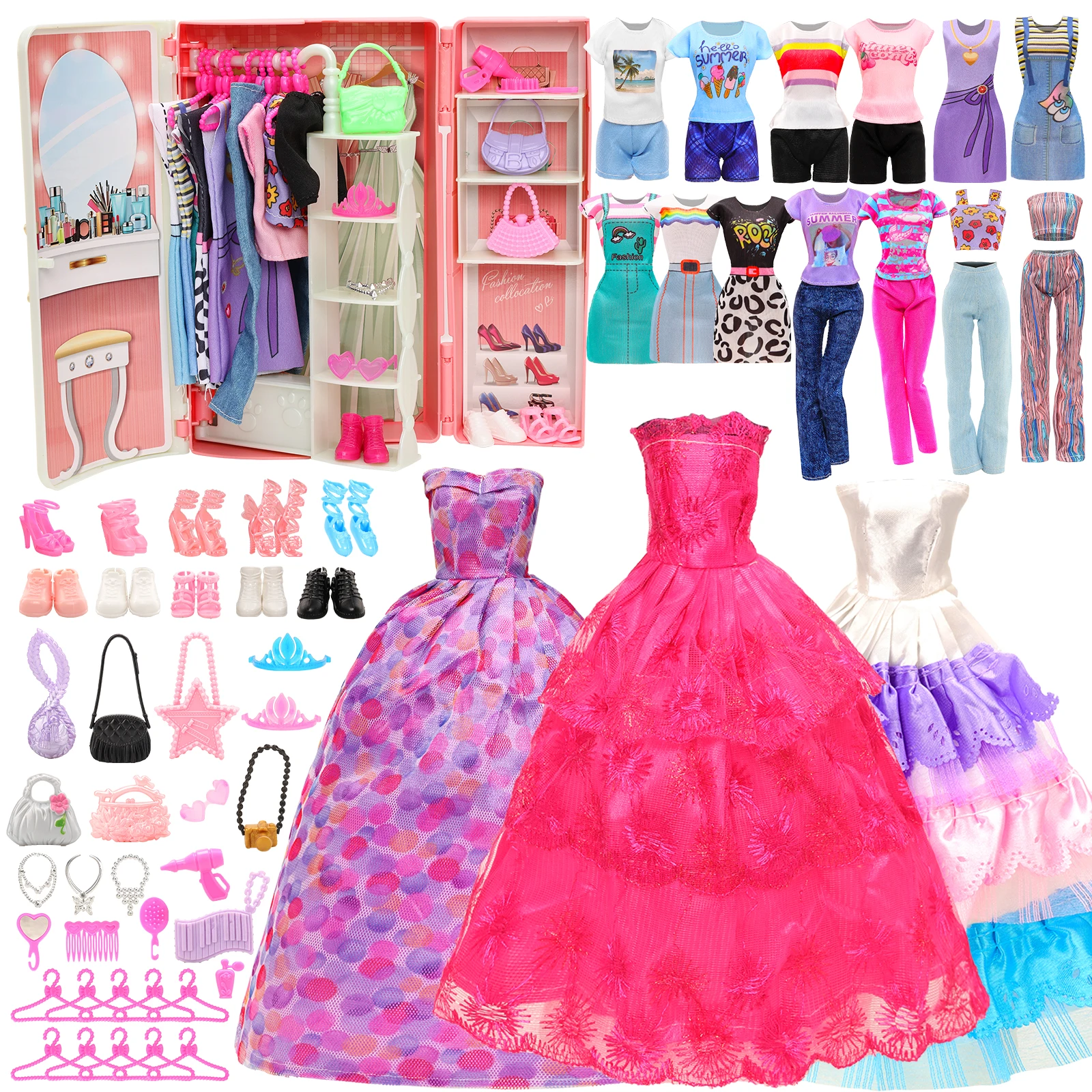 BARWA 11.5inch Doll Bag Wardrobe Set of 47 Pieces =1 Bag Wardrobe+6 Skirts+2 Tops and Shorts+10 Shoes+28 Other Accessories