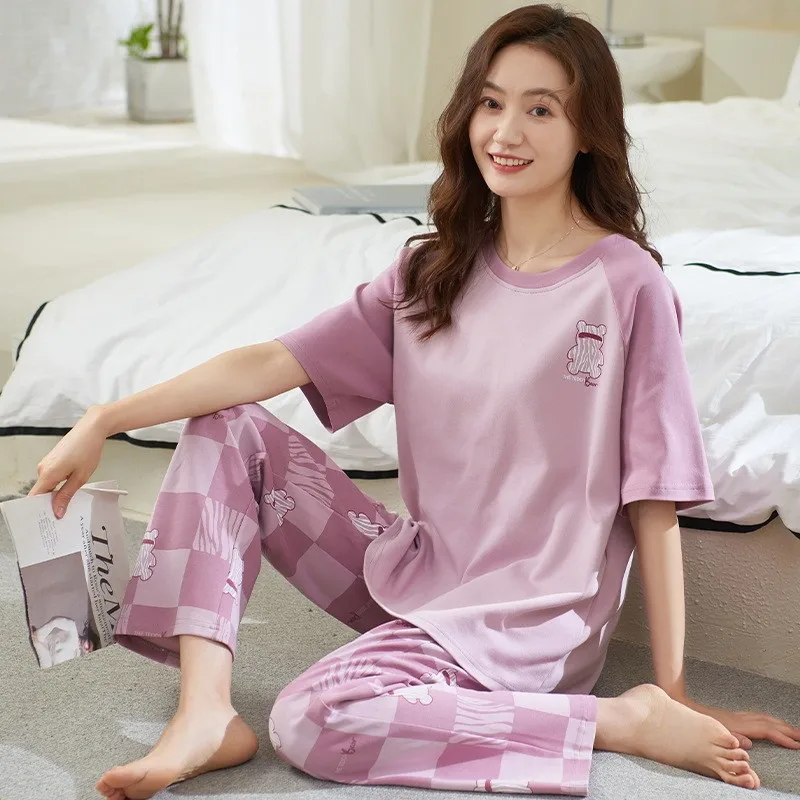 Summer Women's Thin Cotton Pajamas Round Neck Short Sleeve Pants Cute Cartoon Home Clothing Set Sweet Girls Oversized Sleepwear