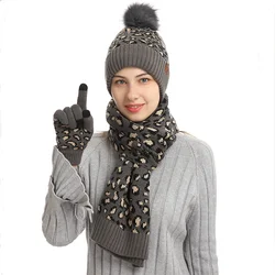 Conjunto de tres piezas de punto con estampado de leopardo para mujer, gorro, bufanda y guante de lujo, accesorios de ropa cálidos, regalo, tendencia de moda, Invierno