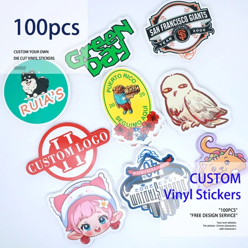 Imagen 2 del producto 100 Uds pegatinas personalizadas PVC impermeable troquelado vinilo diseño de logotipo marca portátil lindo pegatina personalizada película brillante para negocios