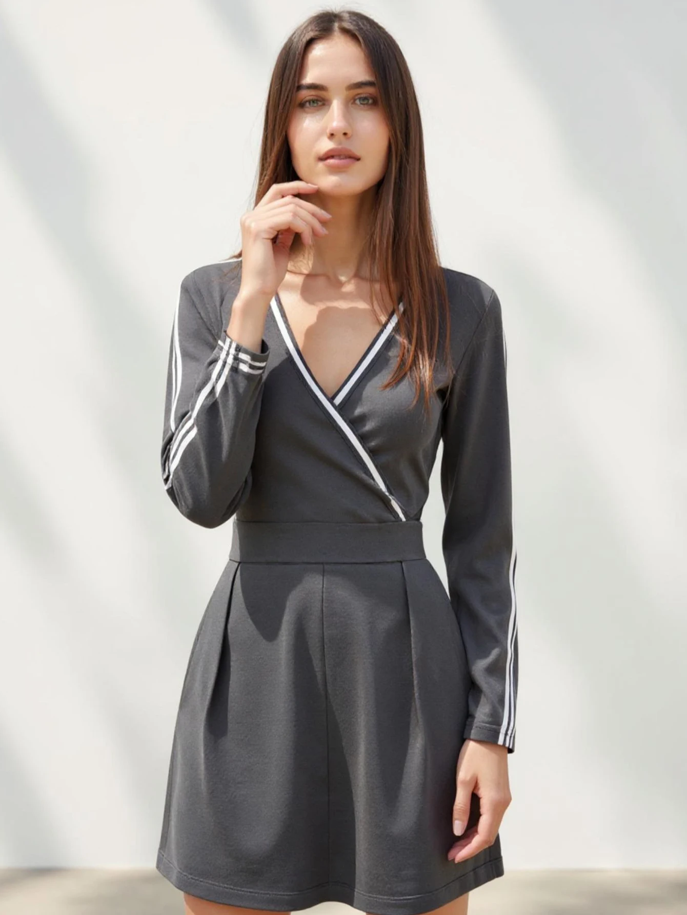 K-Fashion – Mini robe à manches longues et col en v pour femme, tenue de bureau, ligne a unie, avec taille cintrée, automne