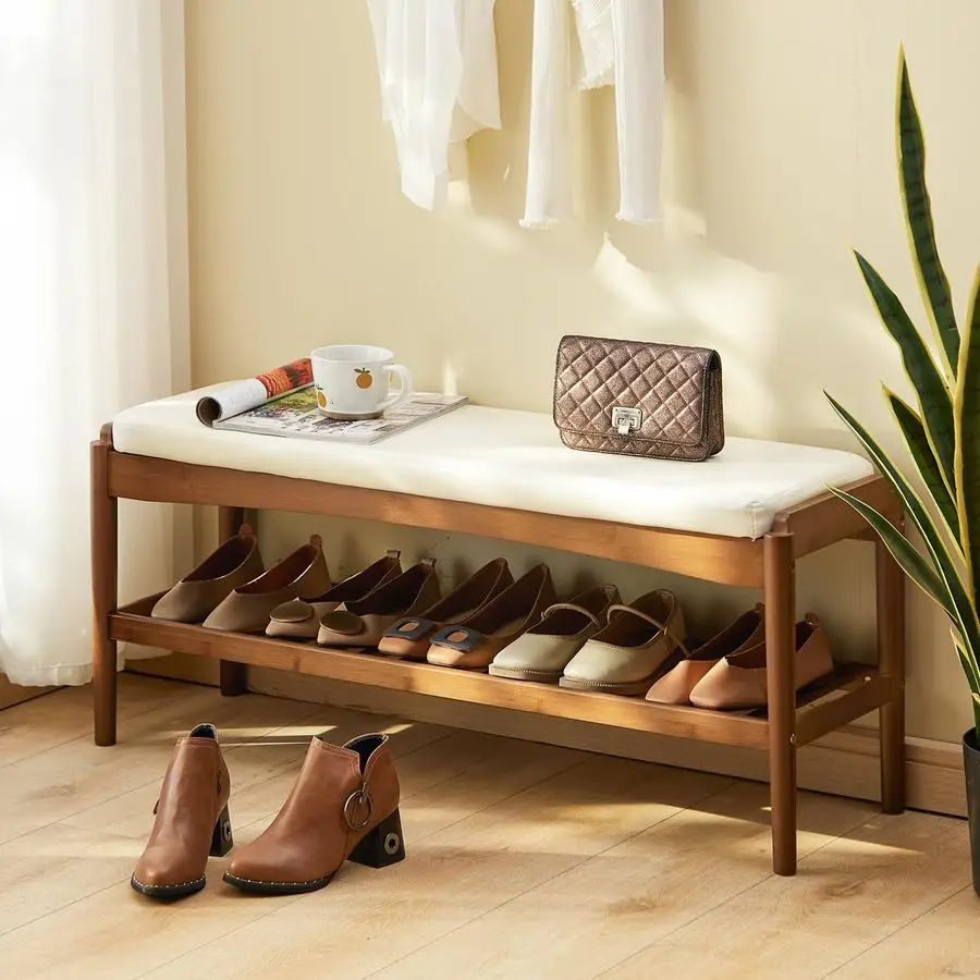 Rack Bench Entryway Bamboo Shoe Storage Bench with Leather Cushion 2 Tiers Shoe Rack Entryway Bench for Hallway, Living Room,Bed