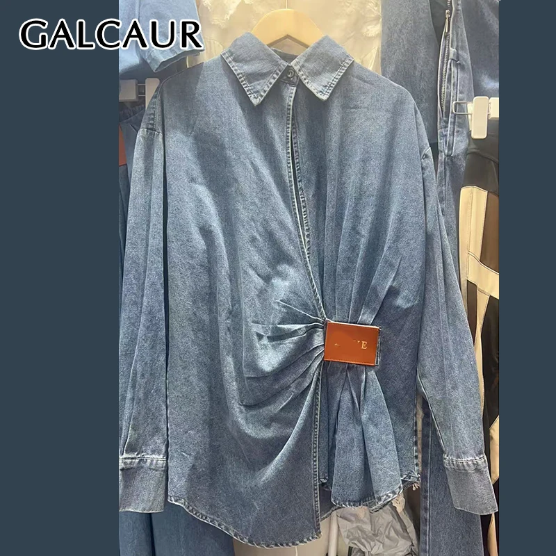 

GALCAUR Solid Loose Spliced Folds Irrgular Shirts for Women Lapel Long Sleeves Patchwork Button Cowboy Shirt Femlae Fashion New