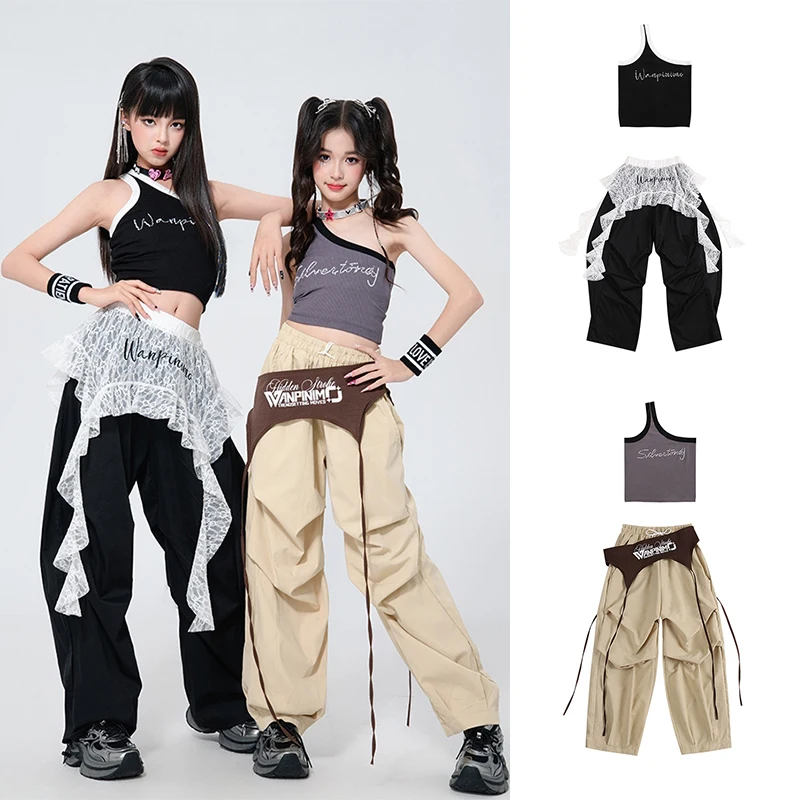 

Children's K POP Dance Costumes Girls Group Catwalk Show Streetwear Outfit Kids Crop Tops Cargo Pants Jazz Dance Costume XH2636