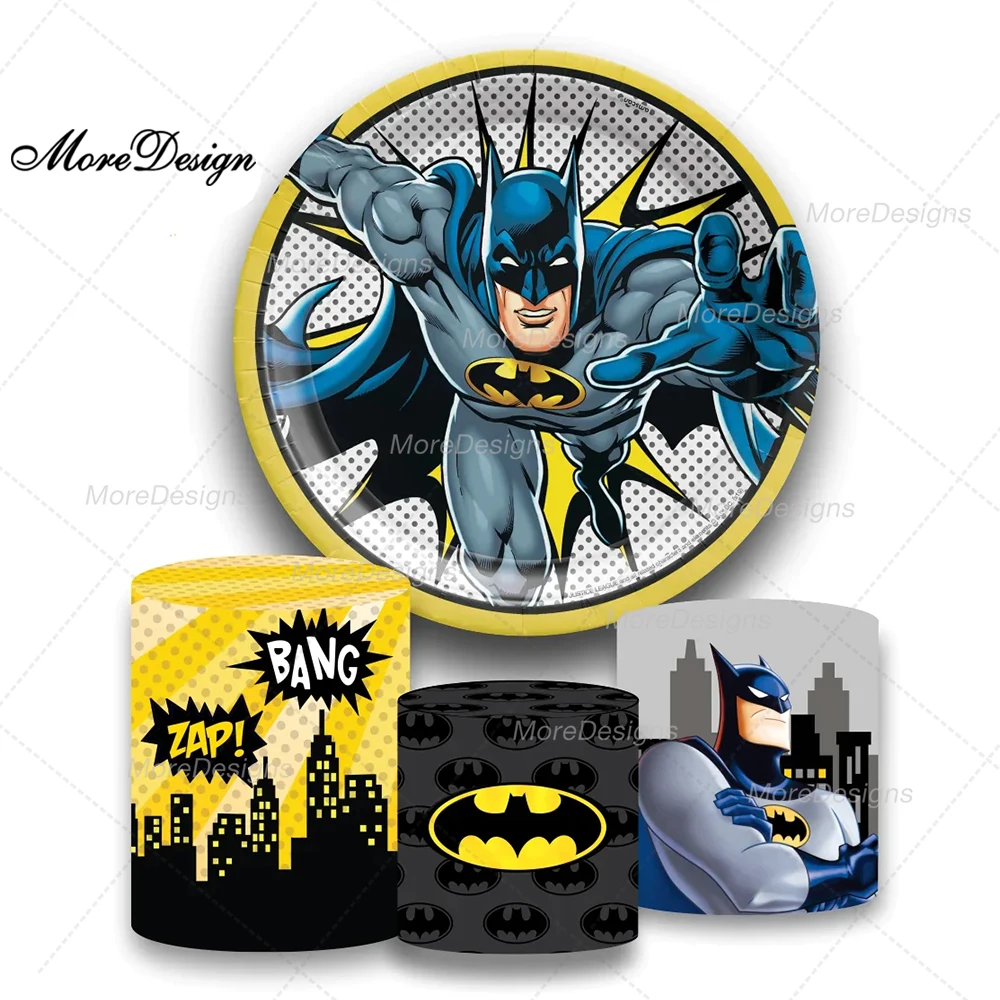 Cartoon Batman Photo Backdrop Boys Hero Dream Birthday Party City Building Round & Cylinder Covers Fabric Photography Background