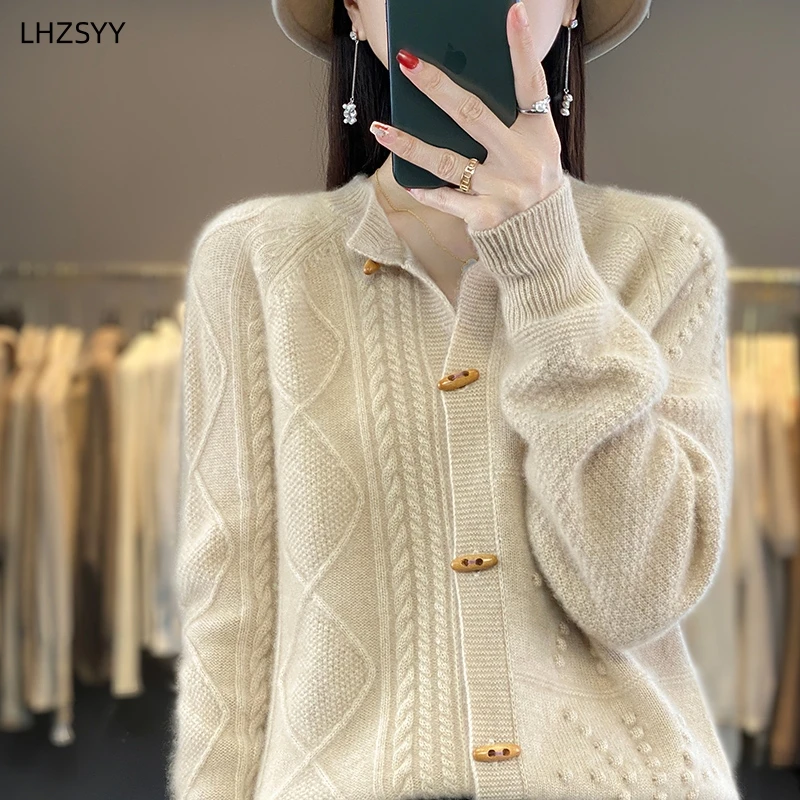 LHZSYY Fall/Winter New 100%Pure Wool Cardigan Women\' O-Neck Jacquard Coat Casual Large Size Sweater Warm Knit Top Female Jacket
