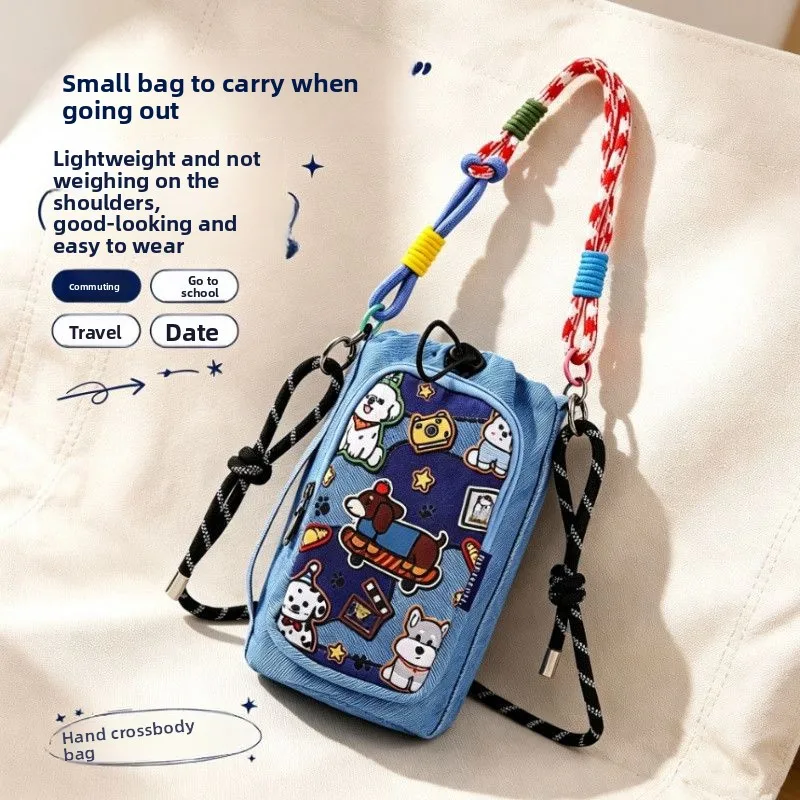 Orange Macaron colors Cartoon Dog Cat Print Denim Drawstring Crossbody Mini Water Bottle Phone Bag Braided Strap Casual Outdoor
