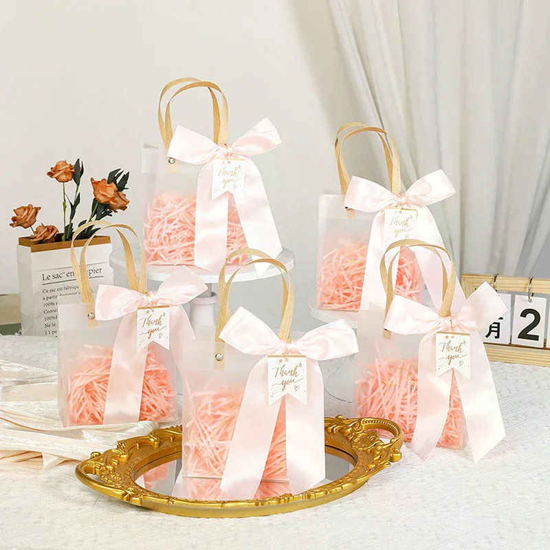 

10 шт., прозрачный подарочный пакет из ПВХ с розовой лентой, пластиковая большая сумка, подарочная упаковка, сумка для упаковки праздничных подарков, покупки, товары на день рождения