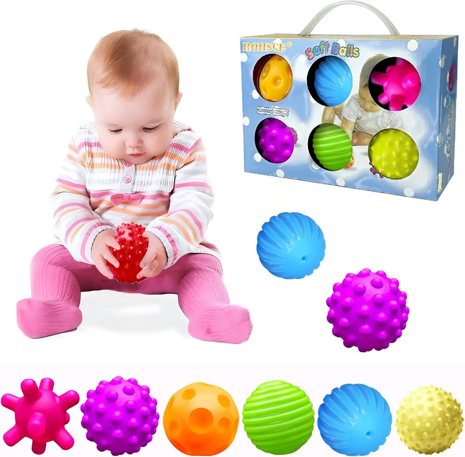 

Soft Textured Sensory Balls for Babies 6-12 Months, Montessori Toys with Bright Colors and Squeaky Sounds, 6-Pack Gift Set