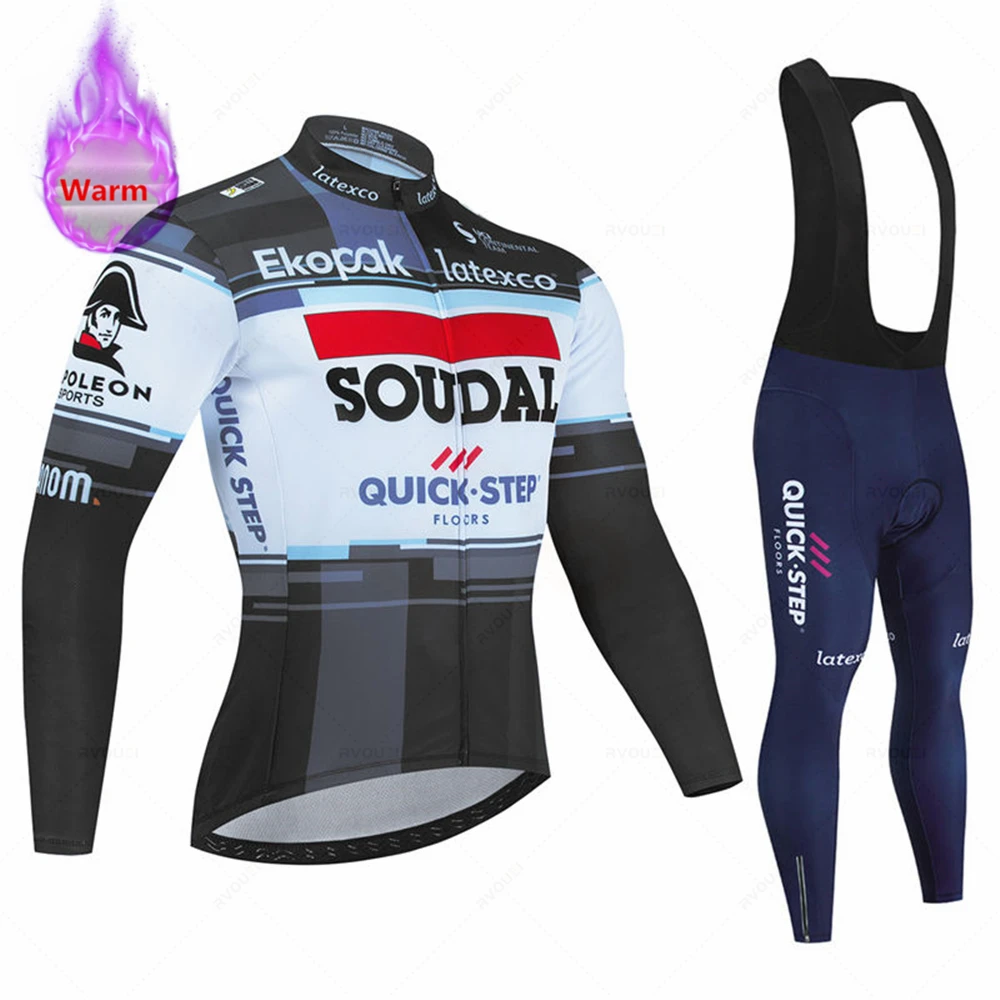 Soudal Quick Step Bicycle Warm Winter Thermal Fleece Cycling Clothes Men\'s Jersey Suits Outdoor Riding Bike MTB Bib Pants Sets