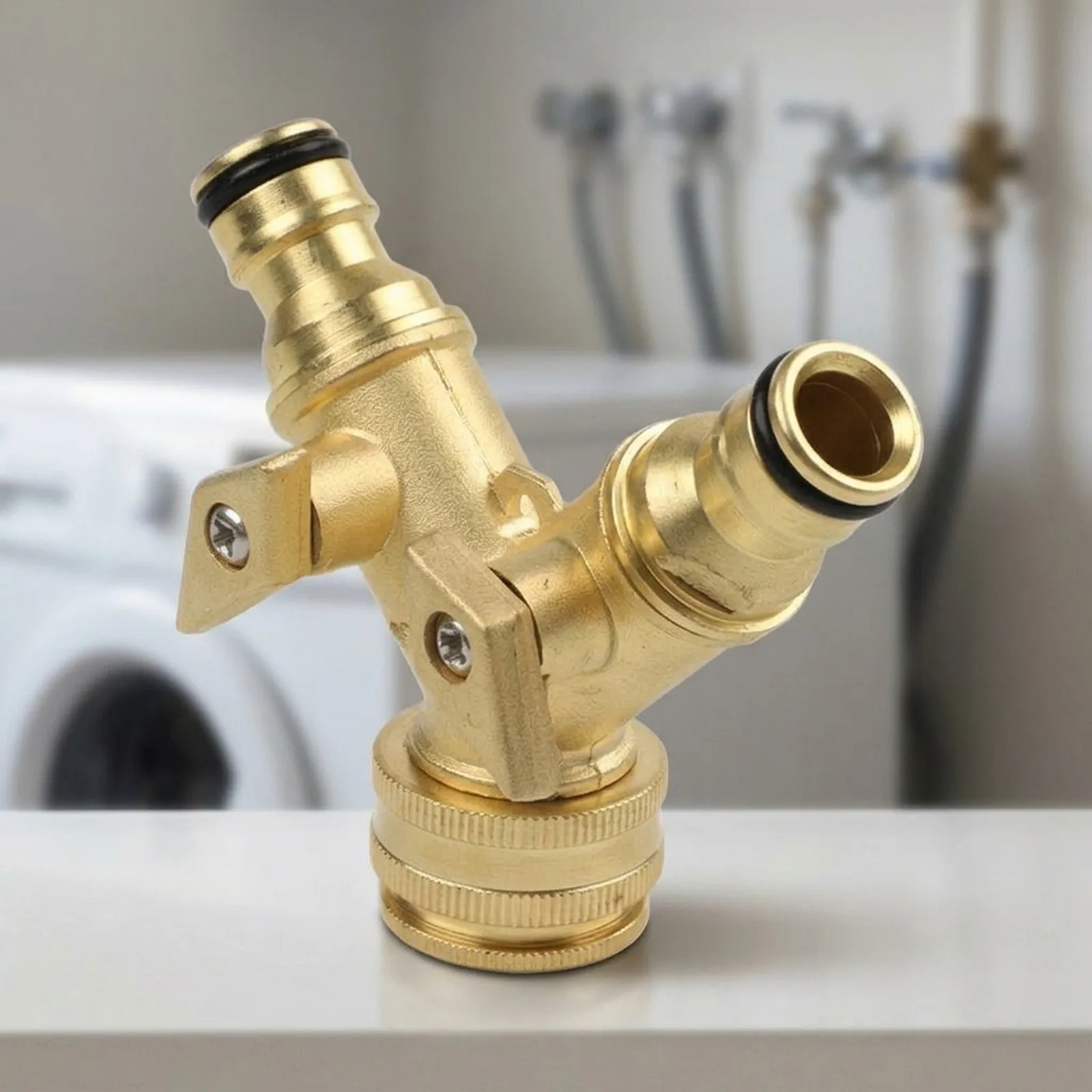 Gold Finish Brass Tee Water Splitter for Washing Machine 9.5 x 2.5 x 7 cm Three Way Ball Valve High Pressure Tolerance