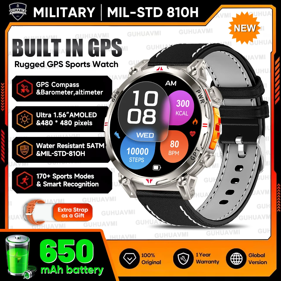2025 New Military T-Rex3 GPS Smart Watch 5ATM Waterproof 650mAh Battery Heart Rate Compass AI GPT Sports tracker Smartwatch Men