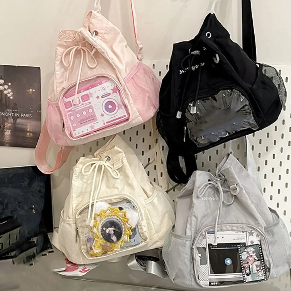 ファッション透明ナイロン巾着バックパック軽量バッジディスプレイカジュアル Ita バックパック原宿甘い Y2k 通学女の子