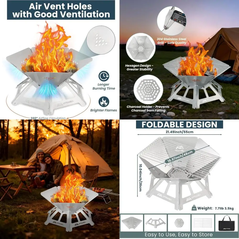 

Portable 21 Outdoor Fire Pit - Stainless Steel Collapsible with Charcoal Grill and Storage Bag, Ideal for Wood-Burning, Patio, B