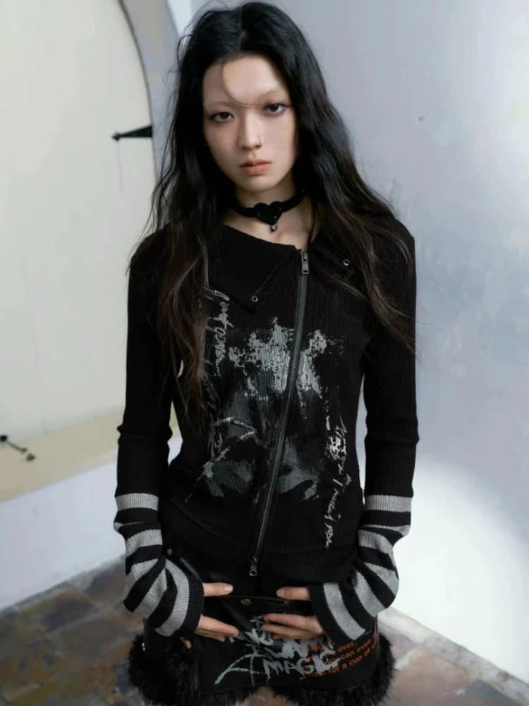 

Japanese Gothic Vintage Tops Long Sleeves Punk T-shirt Casual Women American Retro Y2k Zipper Tees Tops Spring Korean Chic