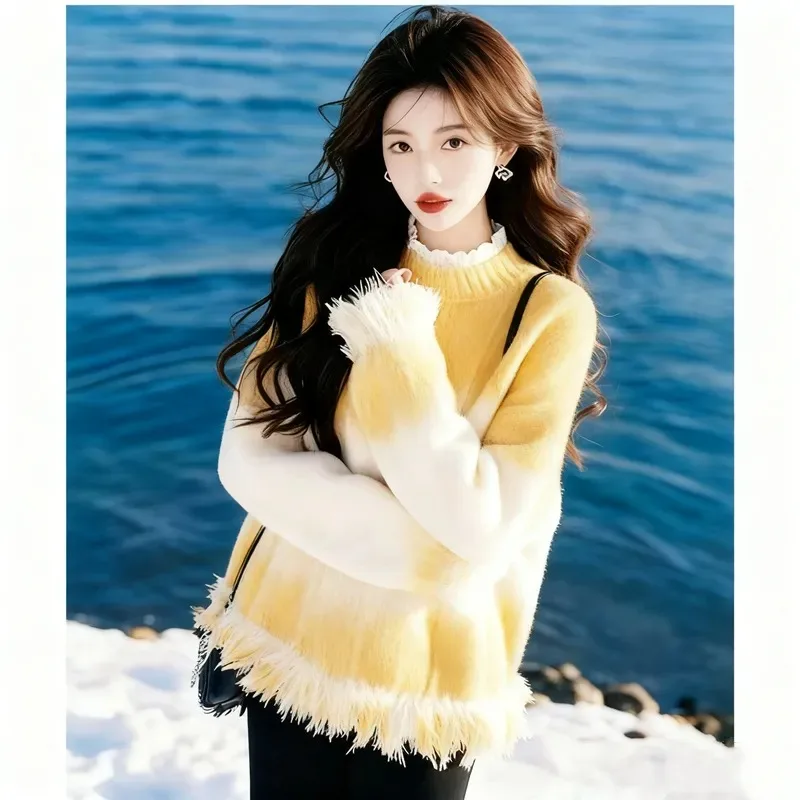 

Pullover Casual Autumn and Winter Gradient Color Long-sleeved Bottoming Sweater Fashionable Women's Fringed Top