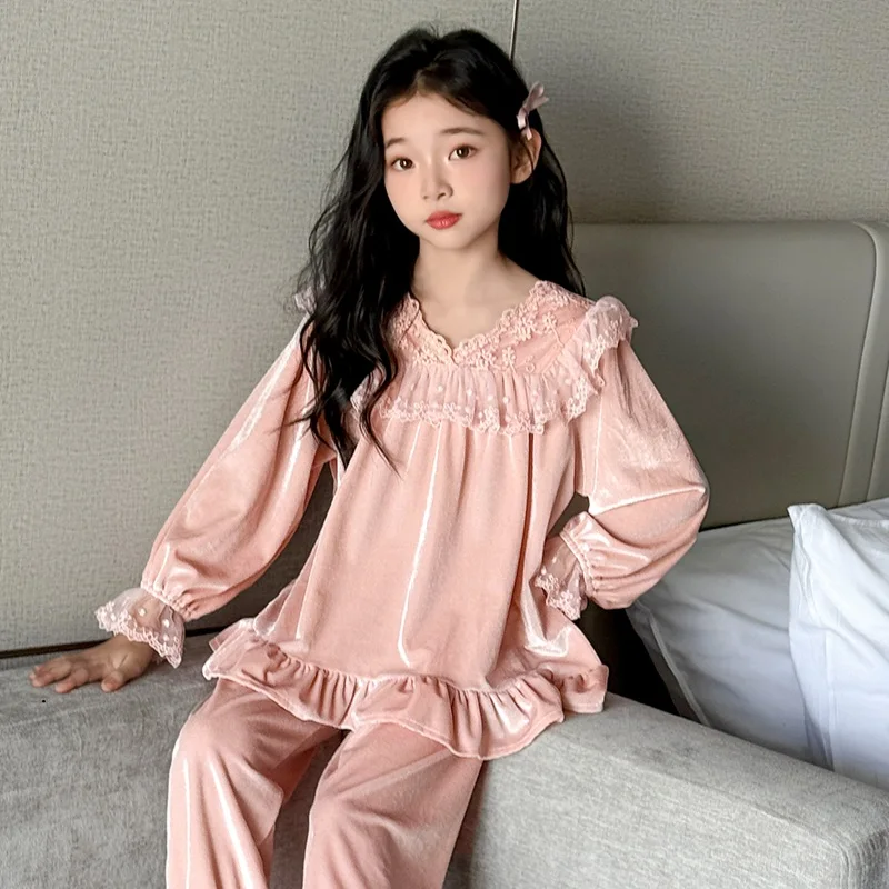 

Baby Girls PJ Top+Bottom Sleepwear Set Kids Velvet Pajamas Suit Child Long Sleeves+Long Pants Set Princess Nightgowns Size 3-14Y