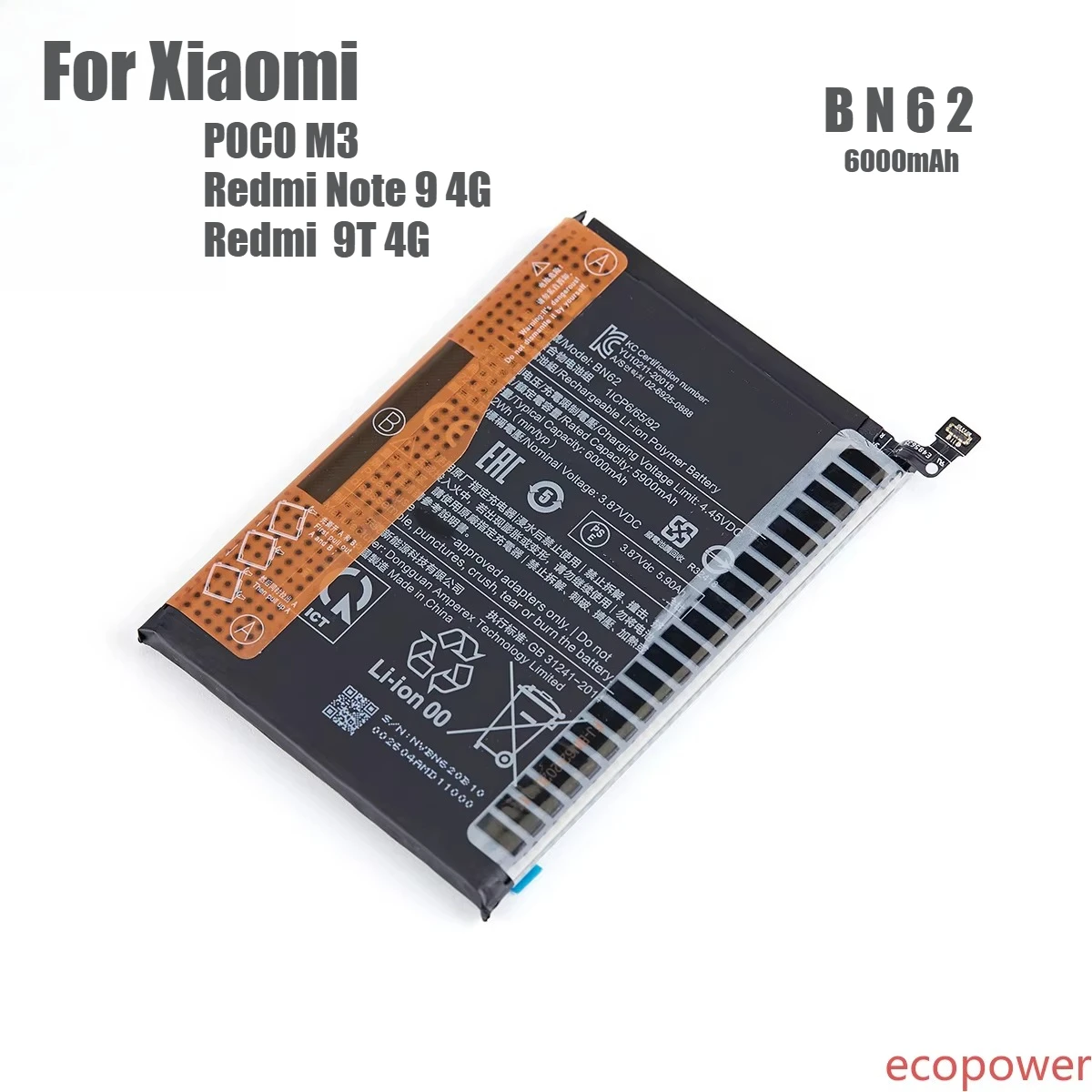 6000mAh Fast Shipping Brand New Battery BN62 For Xiaomi  POCO M3 Redmi Note 9 4G  Redmi  9T 4G Phone Premium Replacement Battery