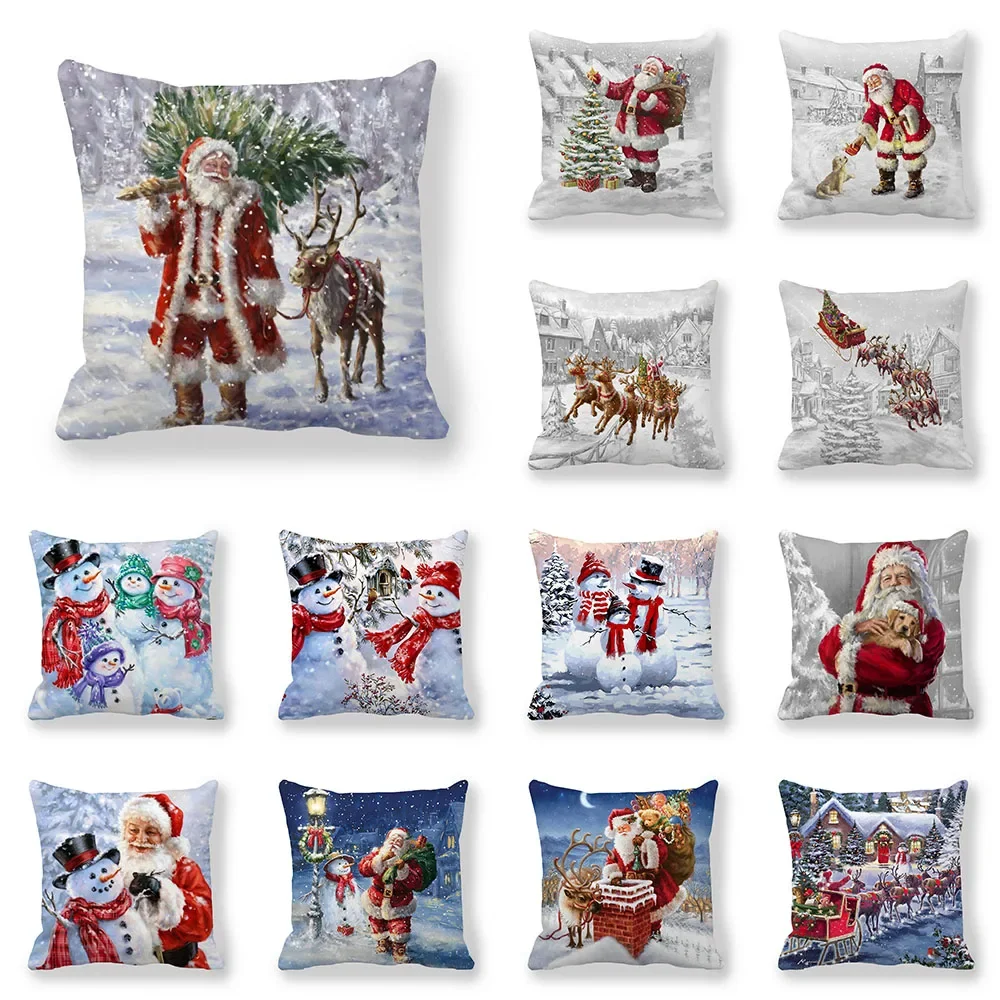 

Christmas Decoration Santa Claus Snowman Elk Print Cushion Cover Home Living Room Sofa Pillow 45x45cm