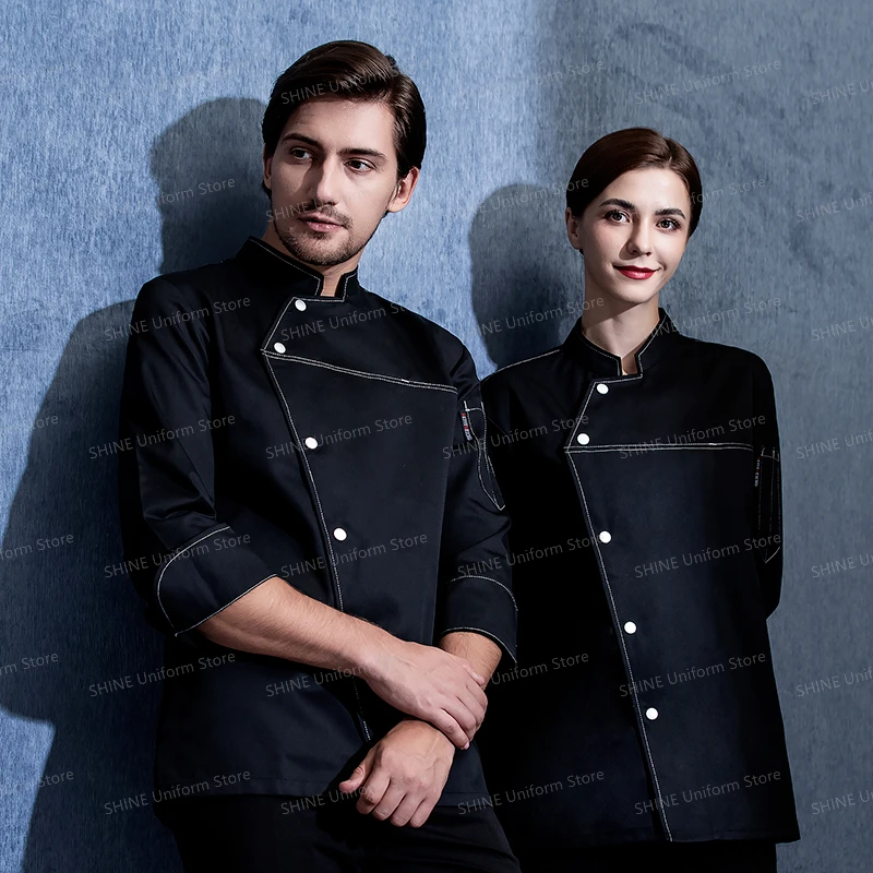 Chaqueta de Chef negra para restaurante, uniforme de chef, Catering, cocina, ropa de trabajo, cafetería, uniforme de camarero, abrigo superior informal, ropa de trabajo para hombres