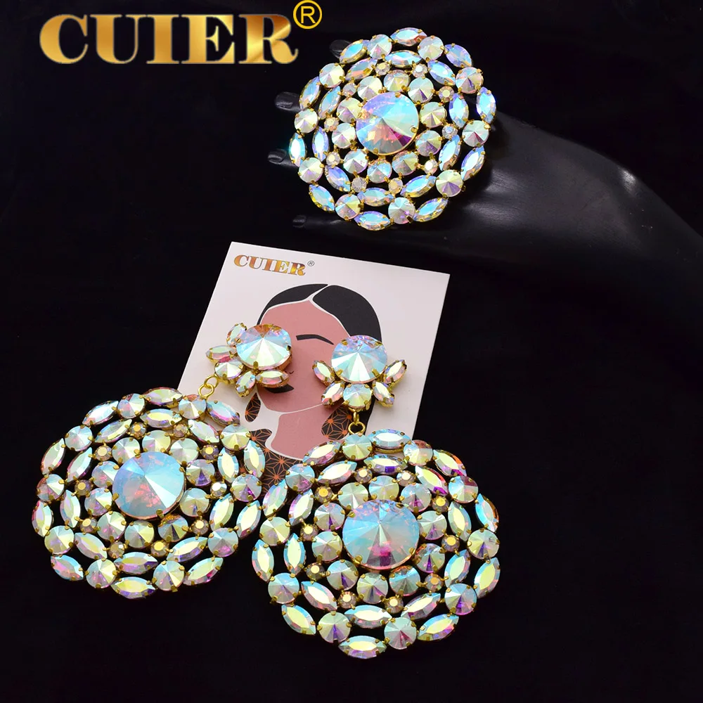 CUIER 12cm Full Glass Crystal Clip on Huge Earring Rings Set for Women Adjust Ring Circle Jewelry for Bridal Drag Queen