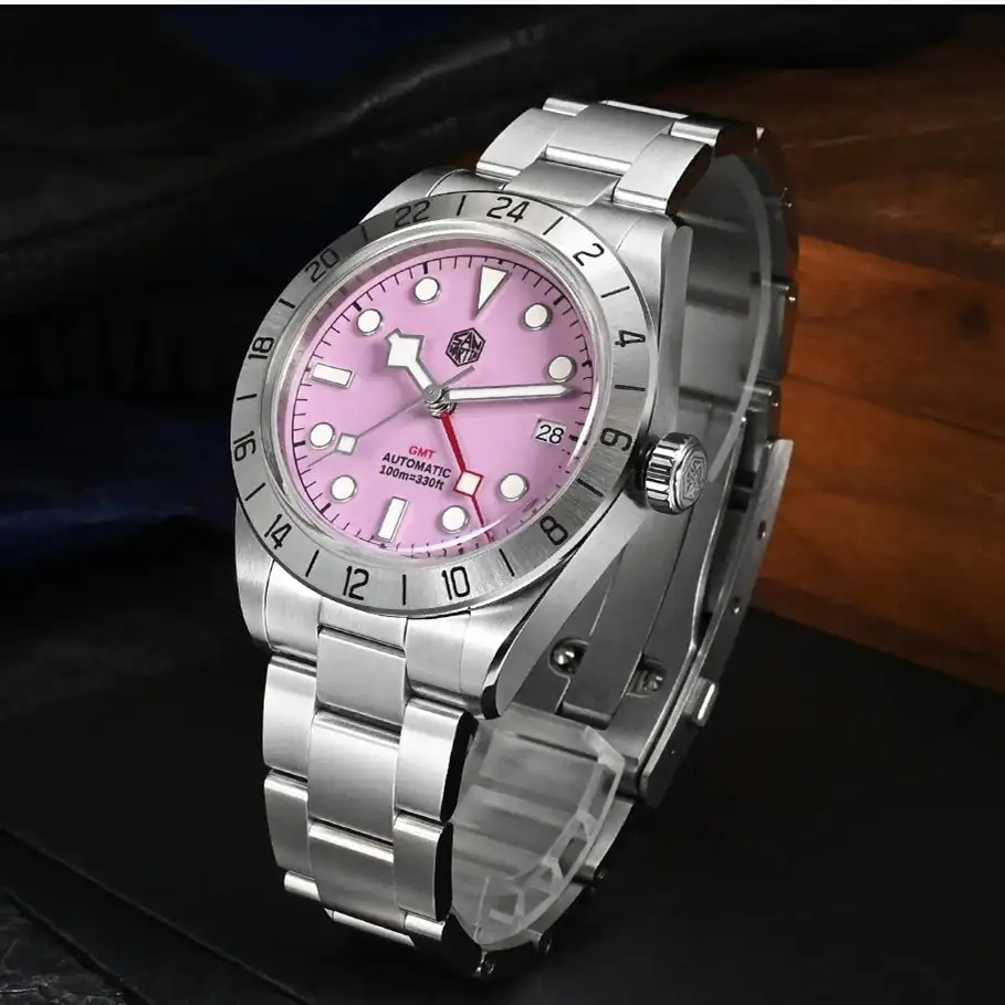 San Martin Pink Dial BB GMT NH34 39mm Classic Luxury Business Men Watch Automatic Mechanical Sapphire Waterproof Relojes SN0054