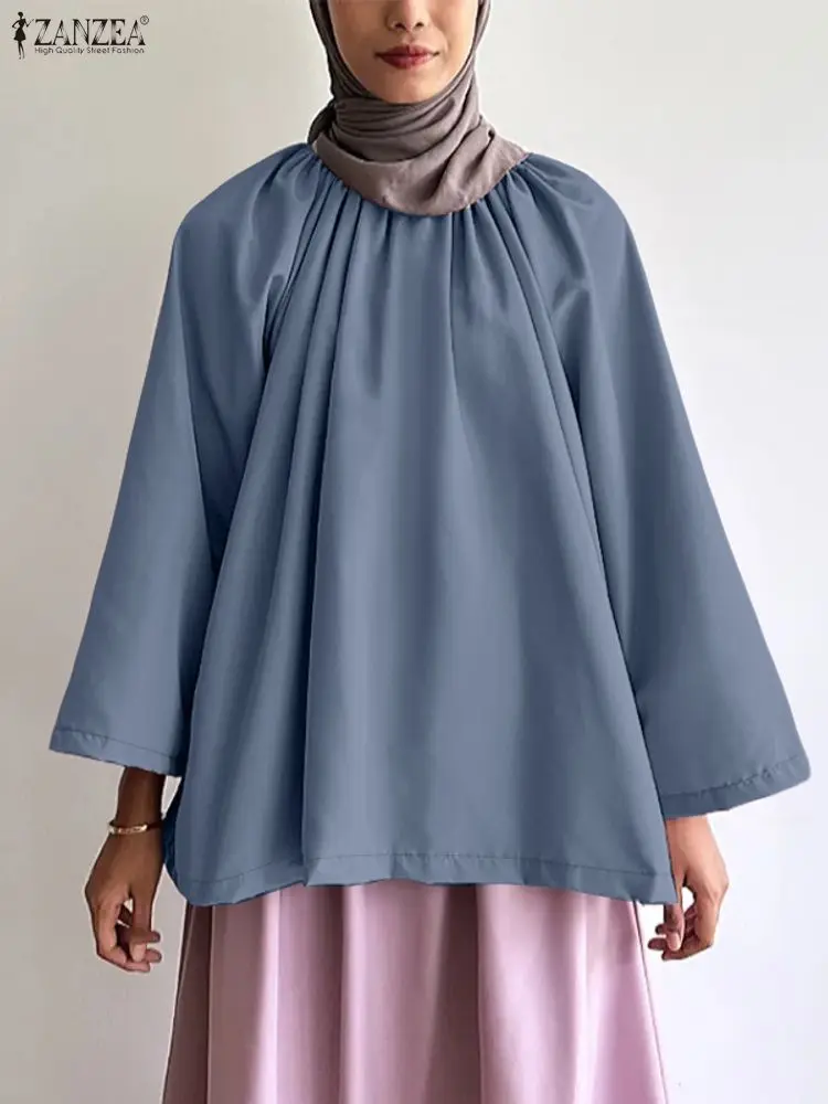 2025 ZANZEA Autumn Blouses Muslim Women Tops 2025 Casual O Neck Long Sleeve Blouse Solid Loose Shirt Hijab Blusas Mujer Femme