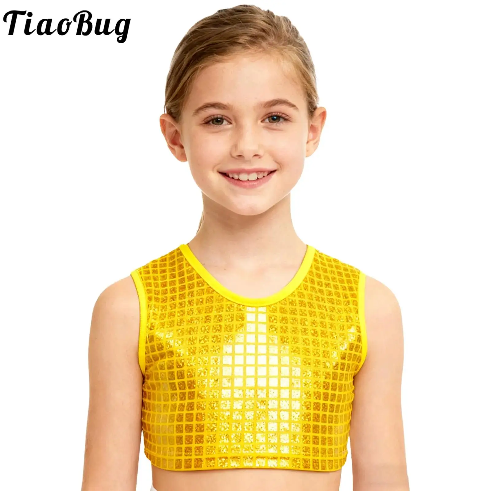 Kids Girls Metallic Shiny Plaid Jazz Hip Hop Dance Tanks Tops Sleeveless Crop Top Vest School Show Cheerleading Stage Dancewear