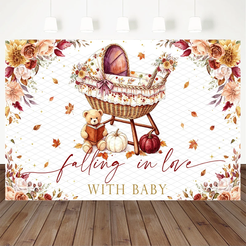 Mocsicka Falling In Love With Baby Photography Backdrop Autumn Floral Bassinet Background Cloth For Fall Baby Shower Photo Booth