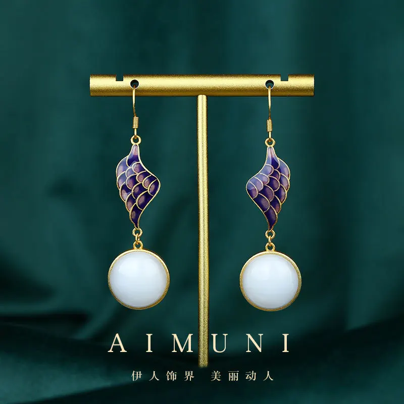 

Nishang Feather Clothes Imitation Hetian Jade Earrings Chinese Enamel 925 Silver Needle Feathers Court Style Earrings Women