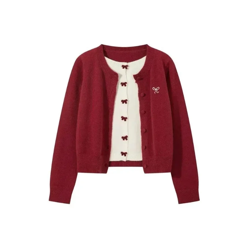 Faux pull tricoté rétro deux pièces pour femme, manteau avec nœud doux, Style Mori doux et frais, automne hiver