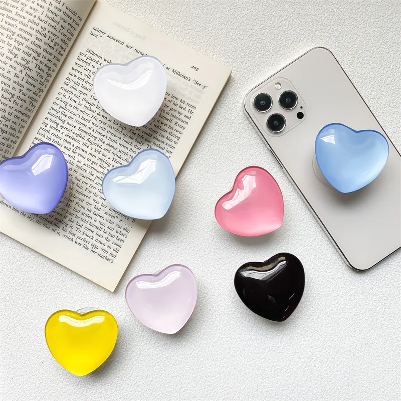 Korea 3D Glass Transparent Epoxy Crystal Ball Heart Griptok Bracket for IPhone Samsung S23 Cell Mobile Phones Cases Stand