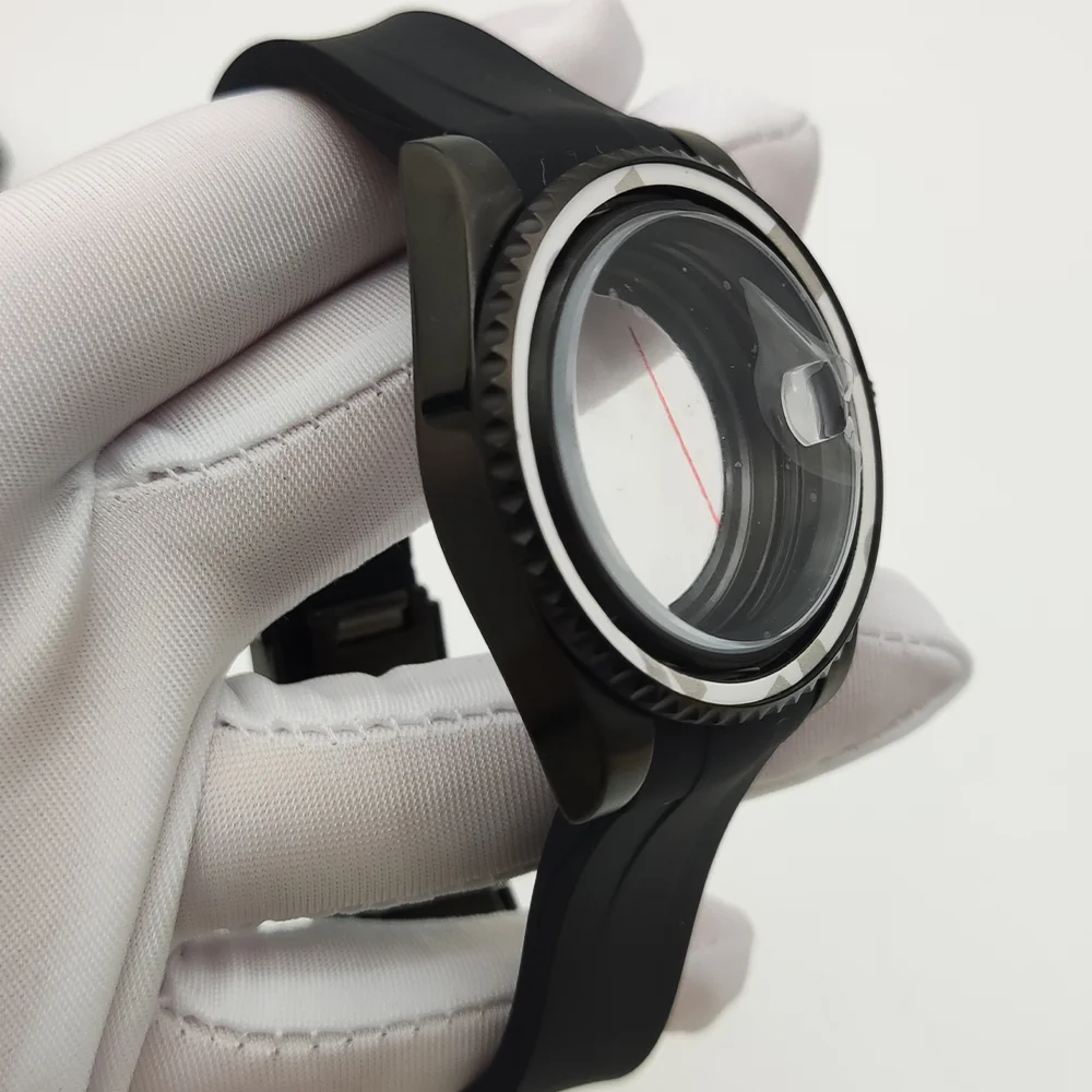 Мужские механические часы NH35 с зеркальным стеклом и увеличенным календарем и окошком, резиновый ремешок, черный цвет, аксессуары для часов