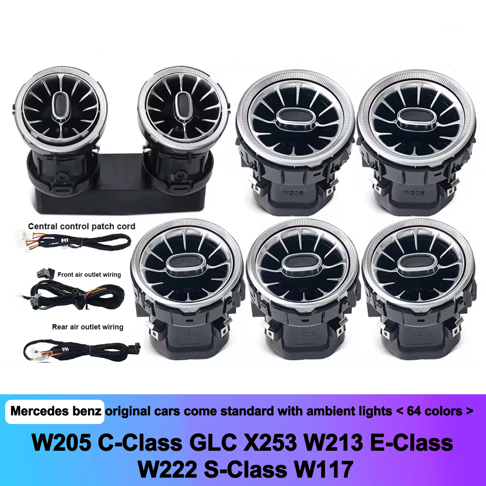 

For Mercedes Benz C-Class/GLC/E-Class For W213 W205 X253 Led 3/64 Colors Turbine Nozzle Ambient Light Air Vent Decorative Lamp