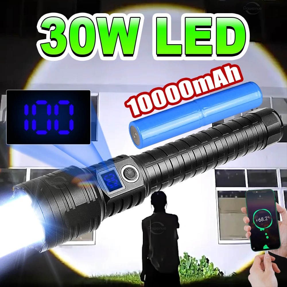 10000mAh Super High Power Led Flashlight 30W LED Zoom 2000m Usb Charging Flashlight Outdoor Camping IPX6 Waterpoor Torch Light