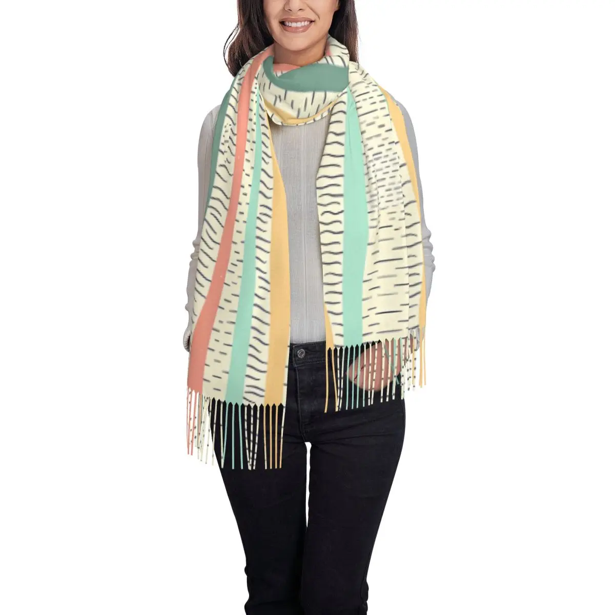 Bunte Streifen Nahtlose Schal Wrap Frauen Lange Winter Warme Quaste Schal Unisex Schals