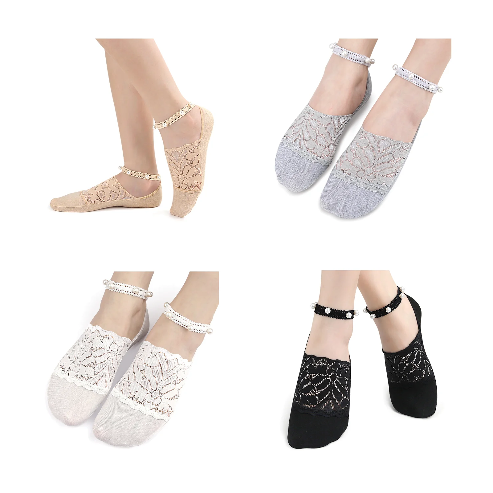 

Женские кружевные невидимые носки с глубоким вырезом, набор из четырех цветов (цвет кожи + серый + белый + черный), с жемчужной шнуровкой, не спадают