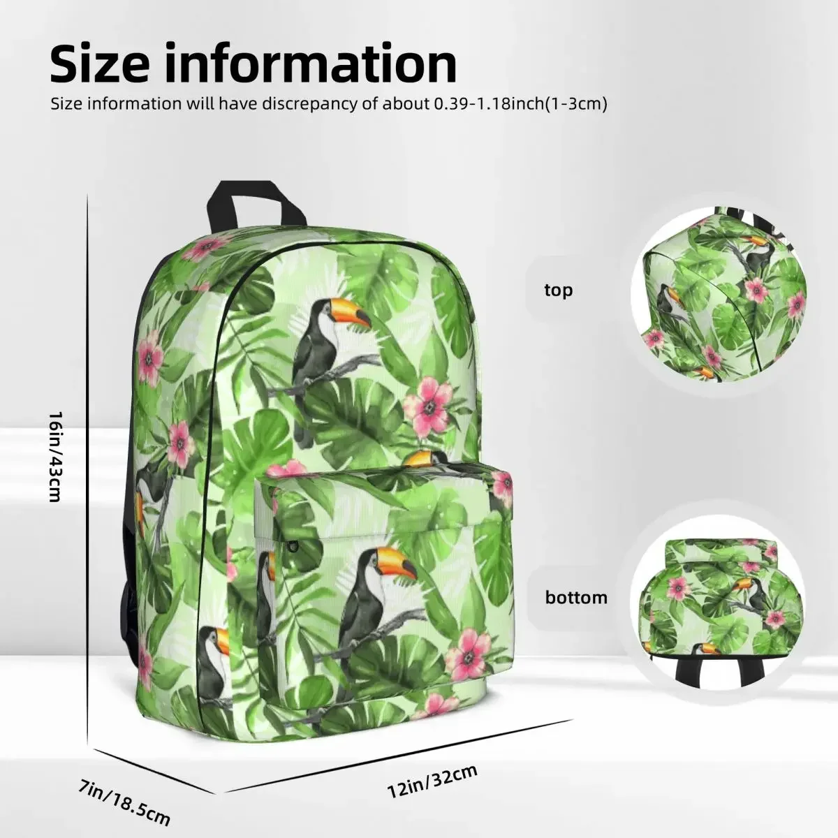 Bolsa de Ombro Padrão Tropical com Tucano, Mochila para Laptop, Mochila Escolar Infantil, Mochila de Viagem Moda