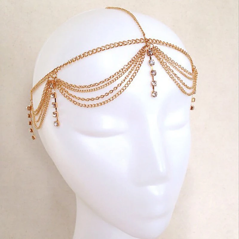 Gold Color Metal Multilayer Tassels Headband Shiny Crystal Forehead Headpiece For Women Wedding Hair Jewelry