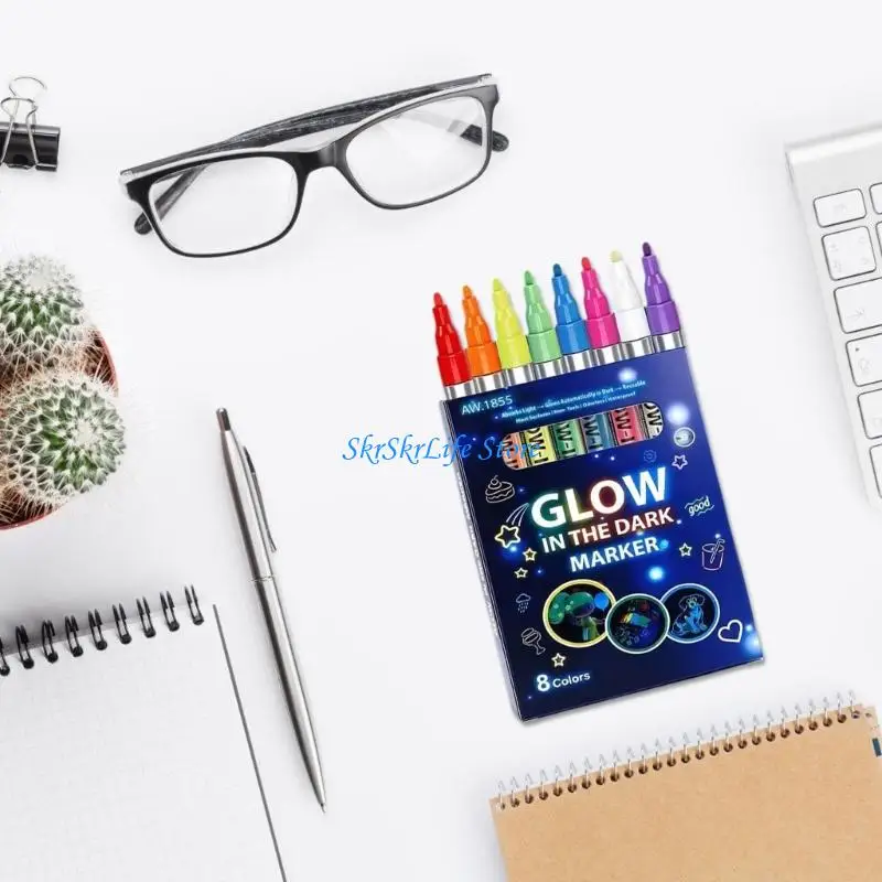 E65E 8 Pack Glow In Dark Marker Fluorescent Highlighters Pen For Students Eye Smooth Writing Office Study Supplies