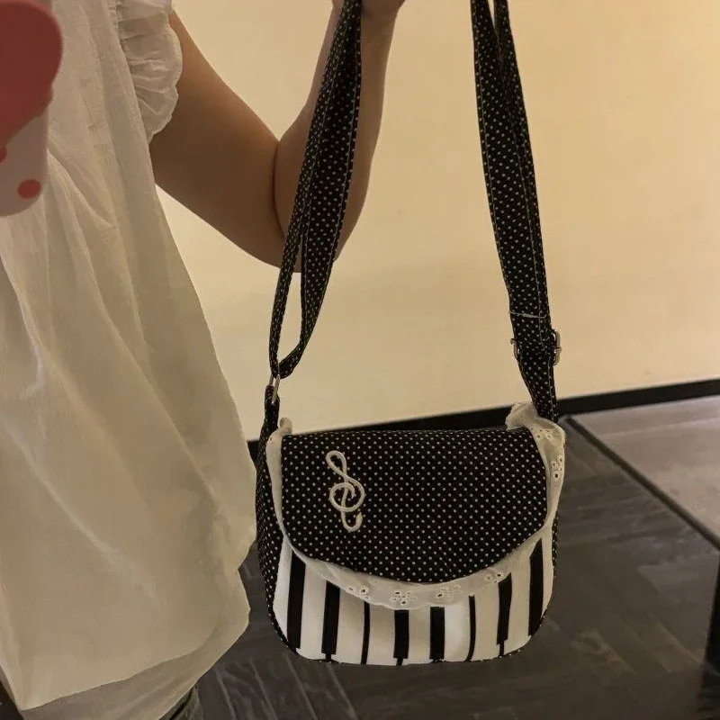 Piano Keyboard Pattern Shoulder Bag Y2k Retro Polka Dot Lace Trim Flap Crossbody Bag Musical Note Print Girls Cute Lolita Bag