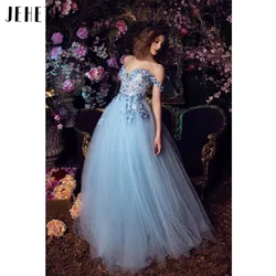 JEHETH Baby Blue A-line Prom Gown Sexy Off Shoulder Party Evening Dress Tulle Flower Lace Appliques Birthday فستان سهرة Backless