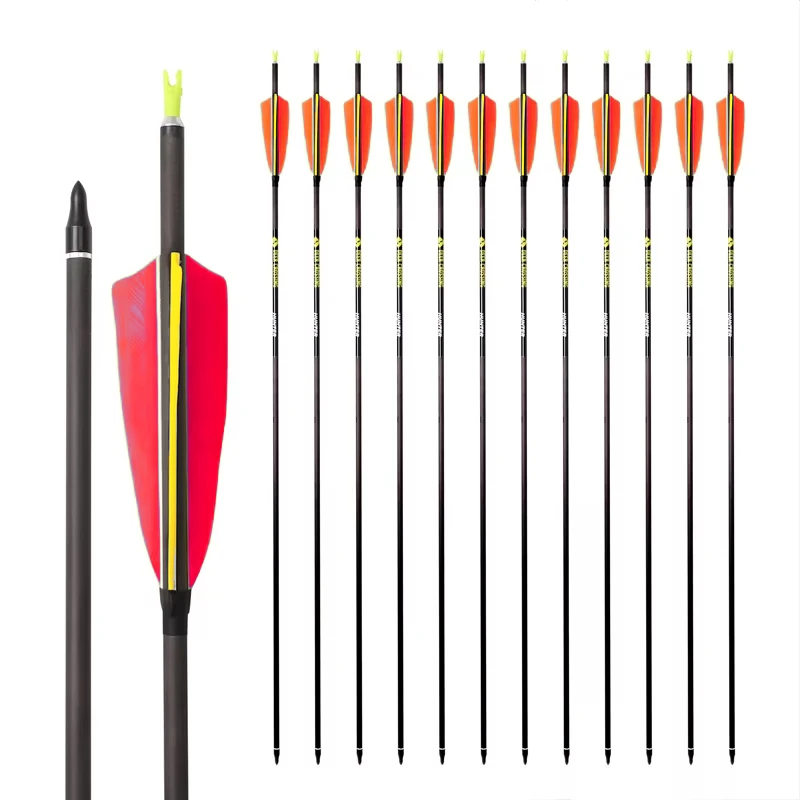 

12pcs ID6.2mm Archery Pure Carbon Arrows 4 inch Red Yellow Turkey Feather 100gr Tip Insert Hunting Accessories