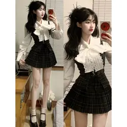 American Vintage Suits Women Casual Blouse Shirts + Vest + Skirts Casual 3 Piece Sets Korean Fashion Clothing Autumn Chic