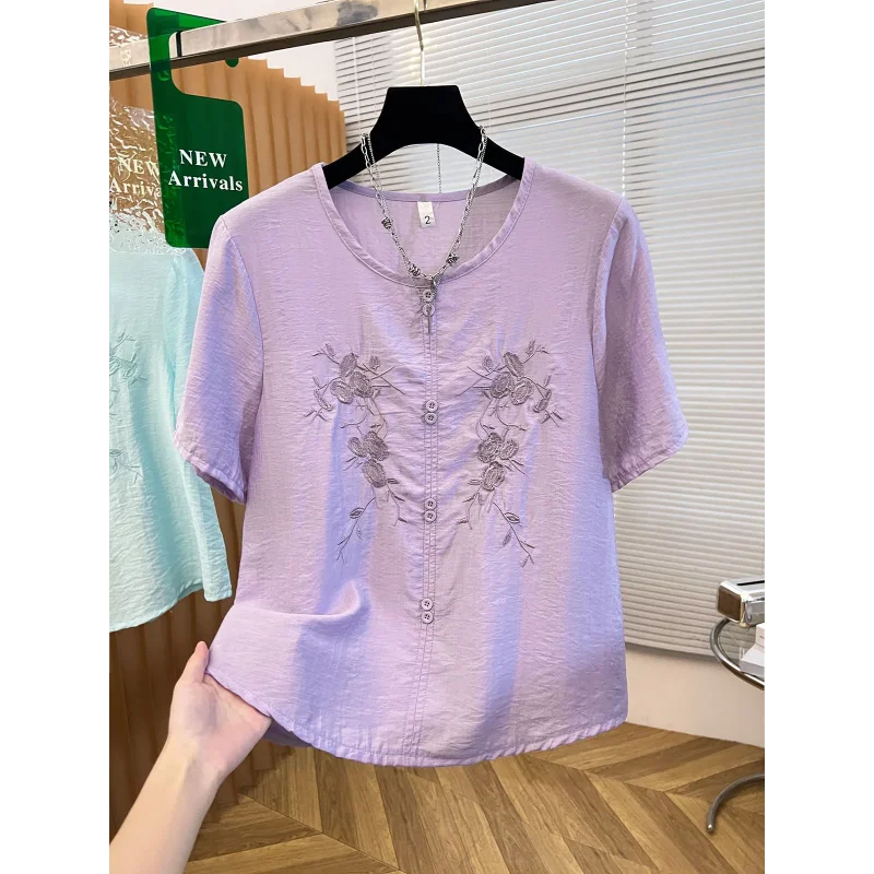 Fashionable Embroidered Short Sleeved Cotton and Linen T-shirt for Women's Summer Wear, New Loose and Casual Western-style Top
