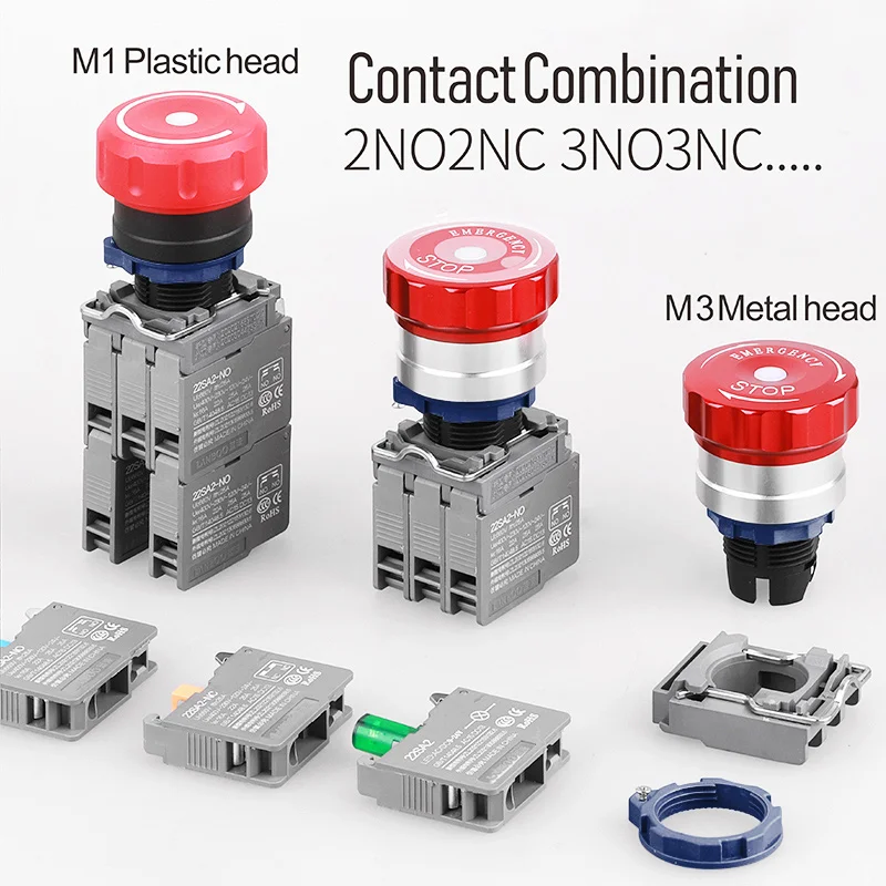 LB22SA2 Metal Emergency Stop Button Switch High Current with Light Red Green 24V Self-Locking XB2-BA31/42