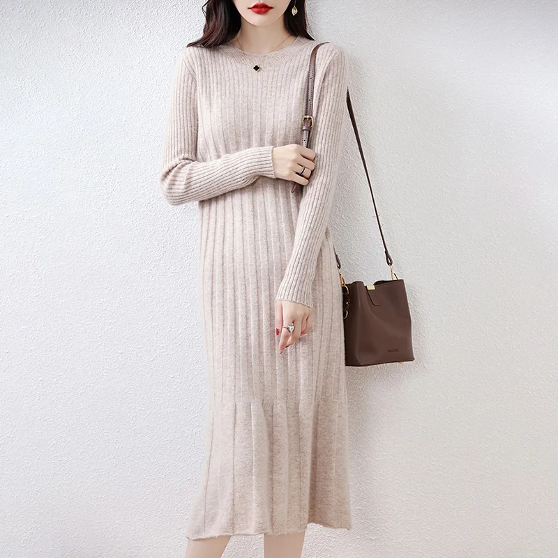 Elegant O-neck Slim Fit long Sweater Dress 100% Merino Wool Women Striped knit Spring Autumn Winter dress female A-line Dress - Image 4