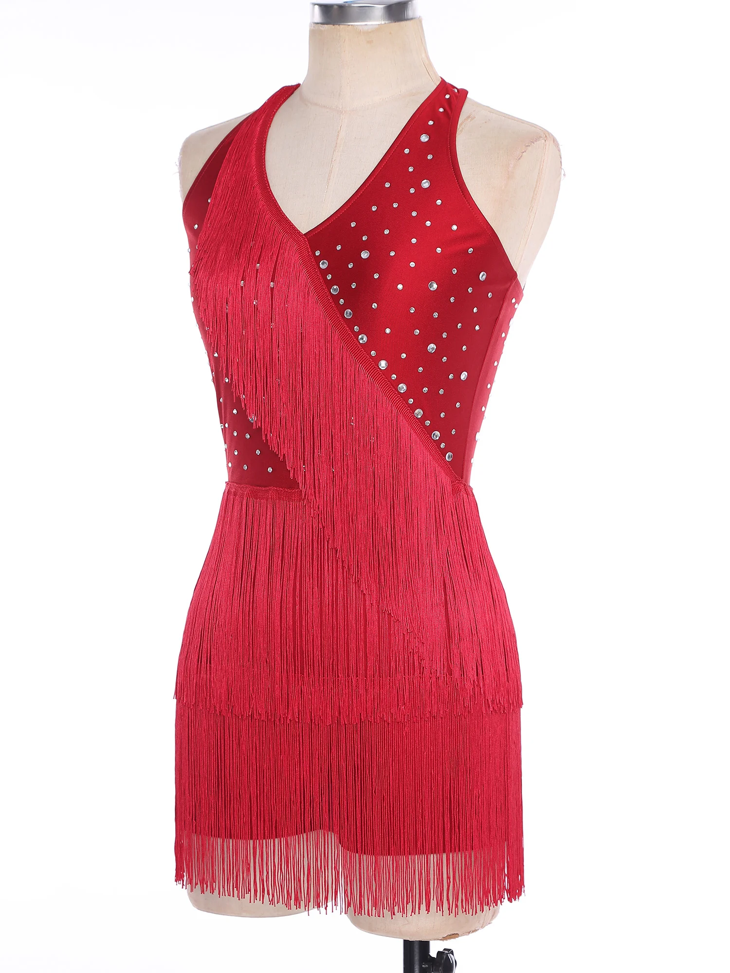 Women Jazz Dance Jumpsuit Halter Sleeveless Spark Rhinestones Fringed Strappy Back Dance Bodysuit for Latin Tango Salsa Costume