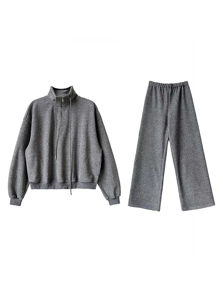 [LANMREM] Casual 2 Piece Set For Women Stand Neck Pullover Tops Elastic High Waist Wide Leg Pants 2024 Winter New 26C995