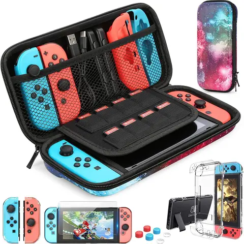 Nintendo Switch와 호환되는 스위치 케이스용, 휴대용 케이스가 포함된 9 in 1 액세서리 키트, 도킹 가능한 보호 케이스